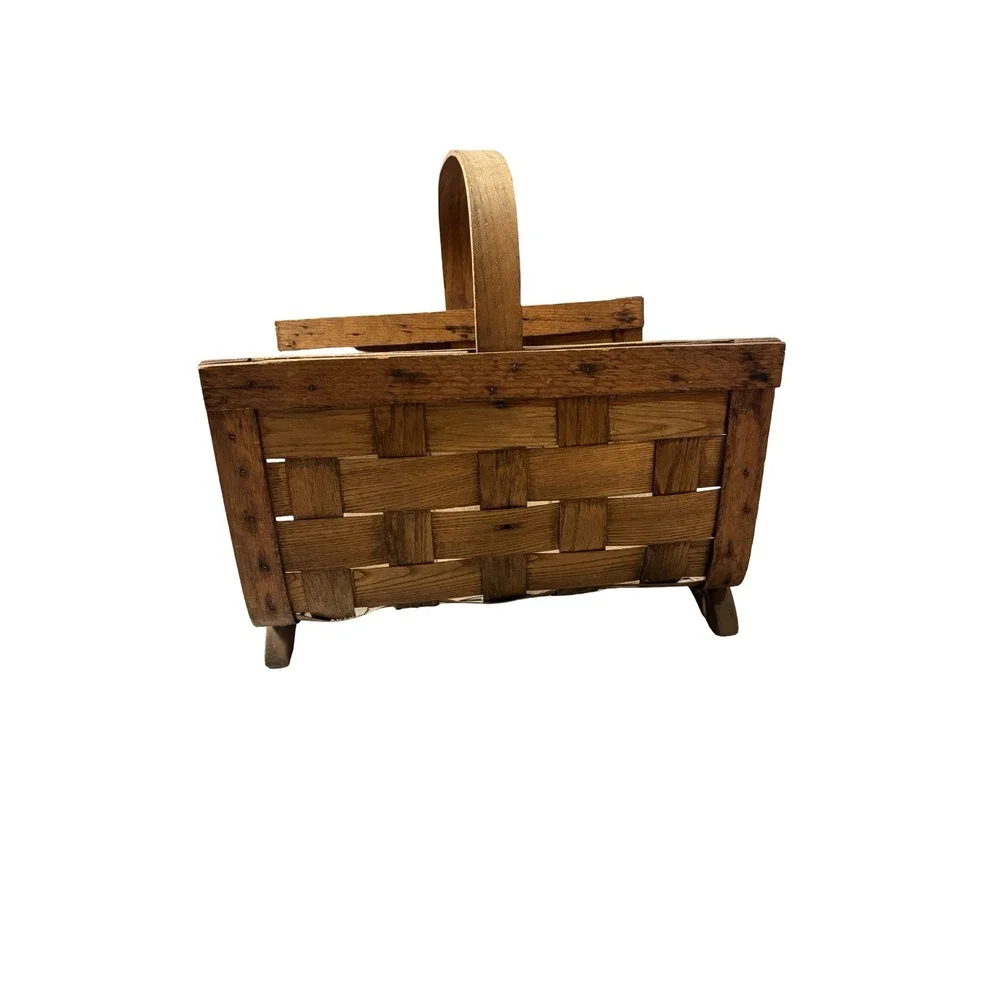 Vintage Woven Oak Splint Magazine Basket with Handle